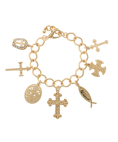 Gold "Blessed" Cross Multi Charm Bracelet