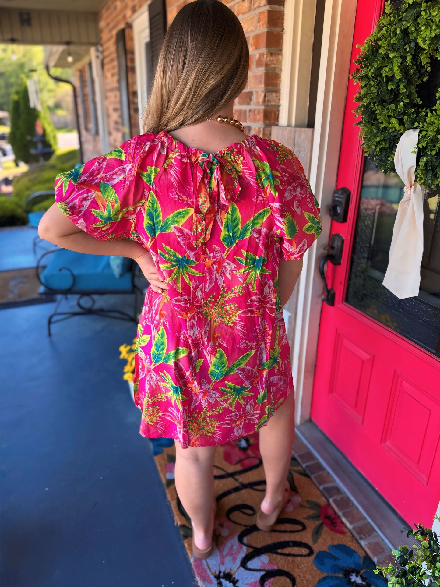 Tropical Bubble Sleeve Blossom Dress