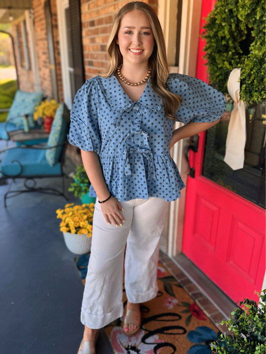 Polka Dot Bow Denim Top
