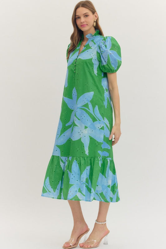 Botanical Puff Sleeve Midi Dress