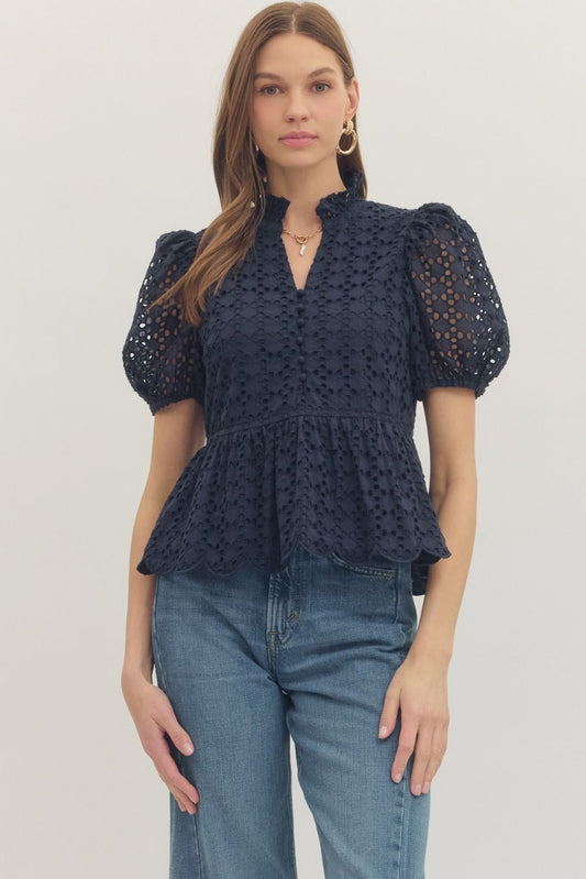 Entro Navy Eyelet Top