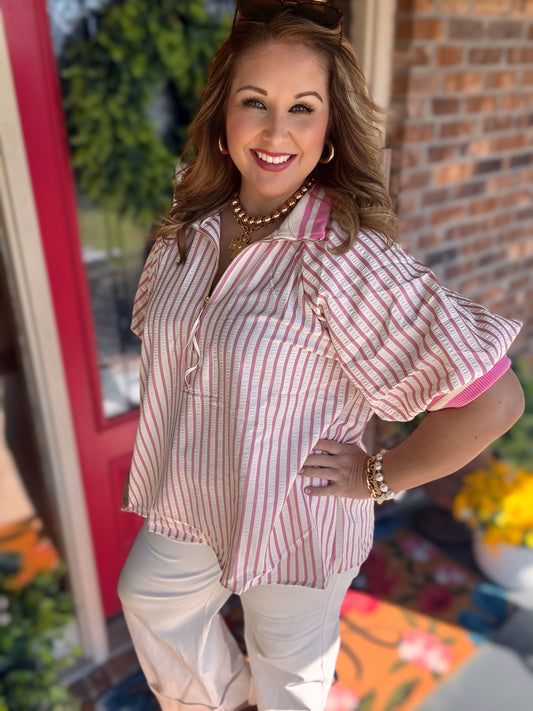 Entro Pink Striped Puff Sleeve Top