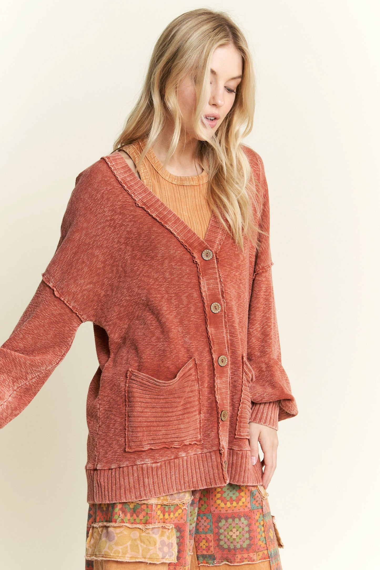 MineralWash Melangie sweater pocket cardigan Burnt Orange