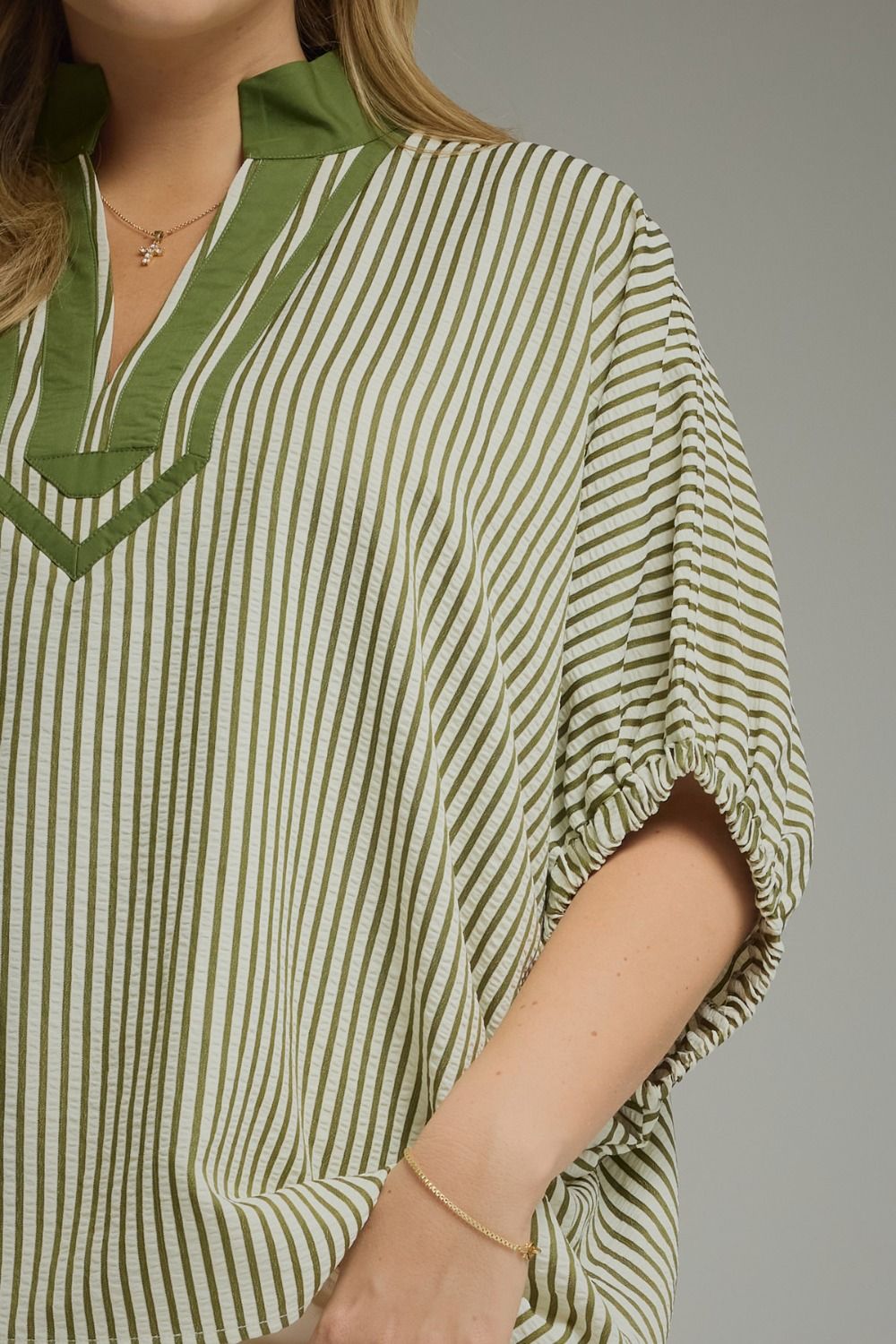 Entro Olive Striped Split Neck Top