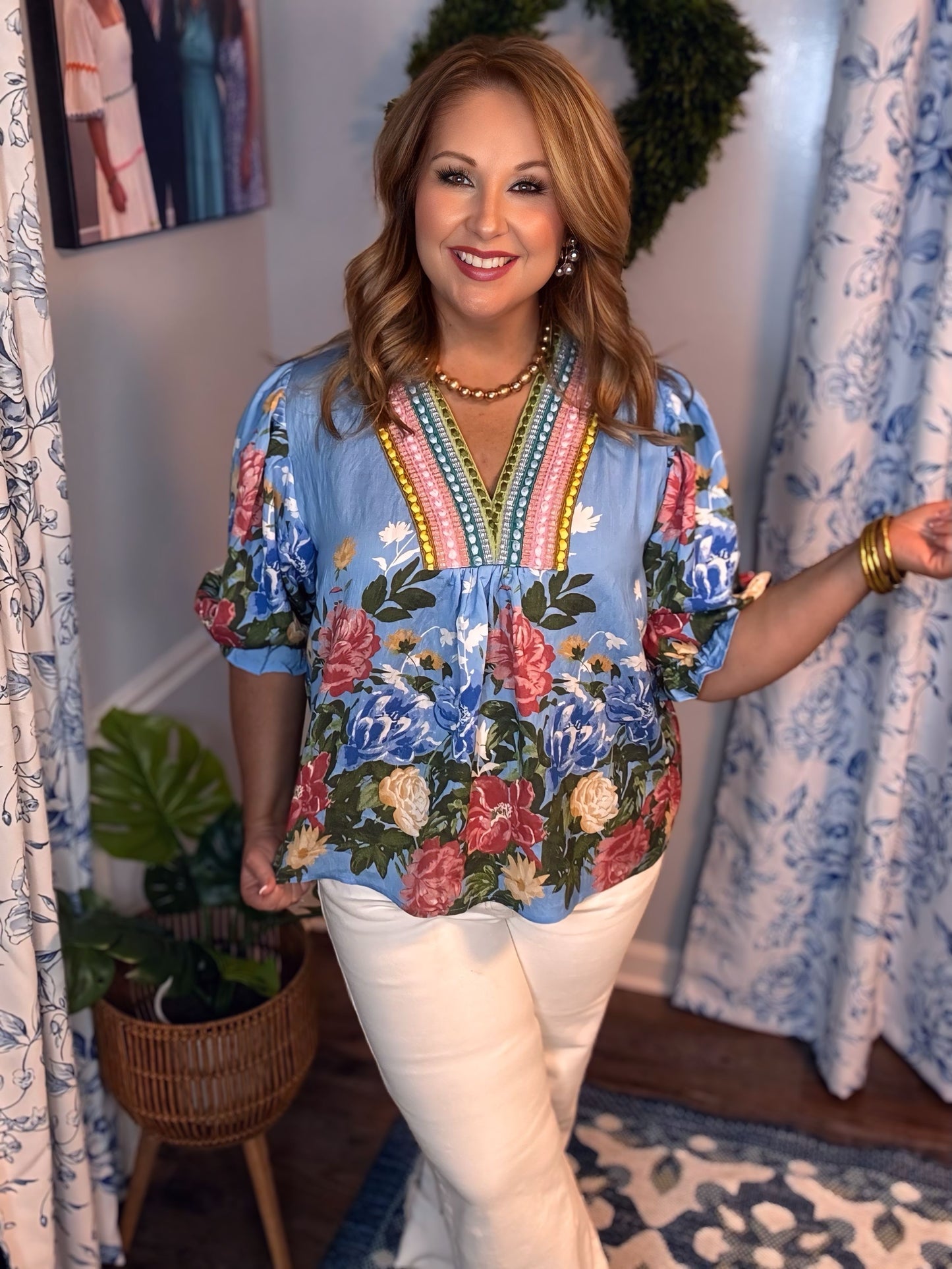 Blue Floral Puff Sleeve Top w/Embroidery