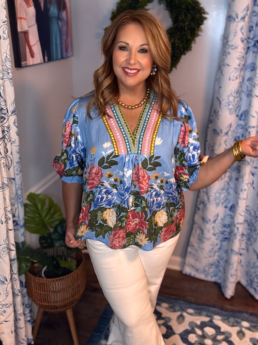 Blue Floral Puff Sleeve Top with Multicolor Embroidery She and Sky