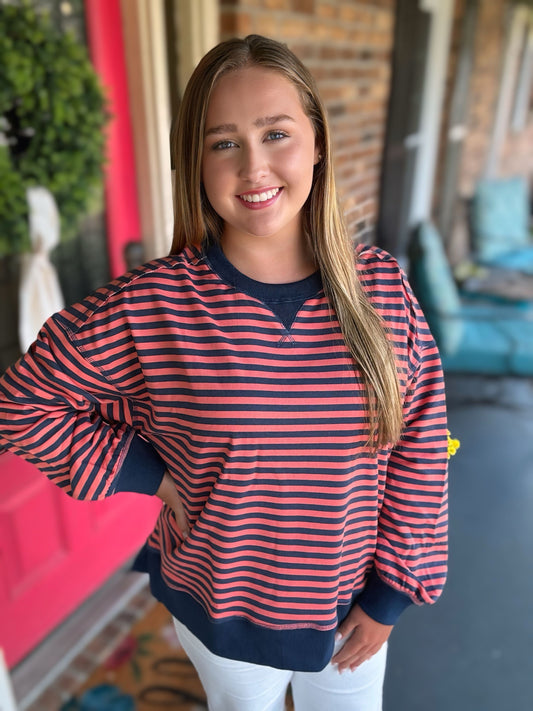Navy/Coral Stripe Oversized Knit Top