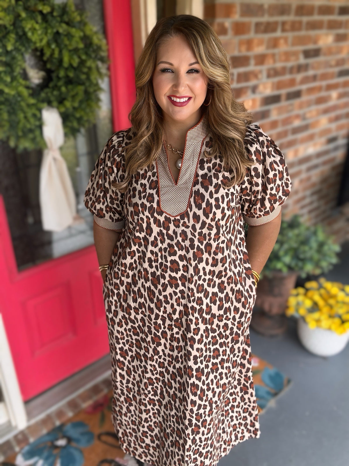 Ecru Leopard Gingham Trim Midi Dress