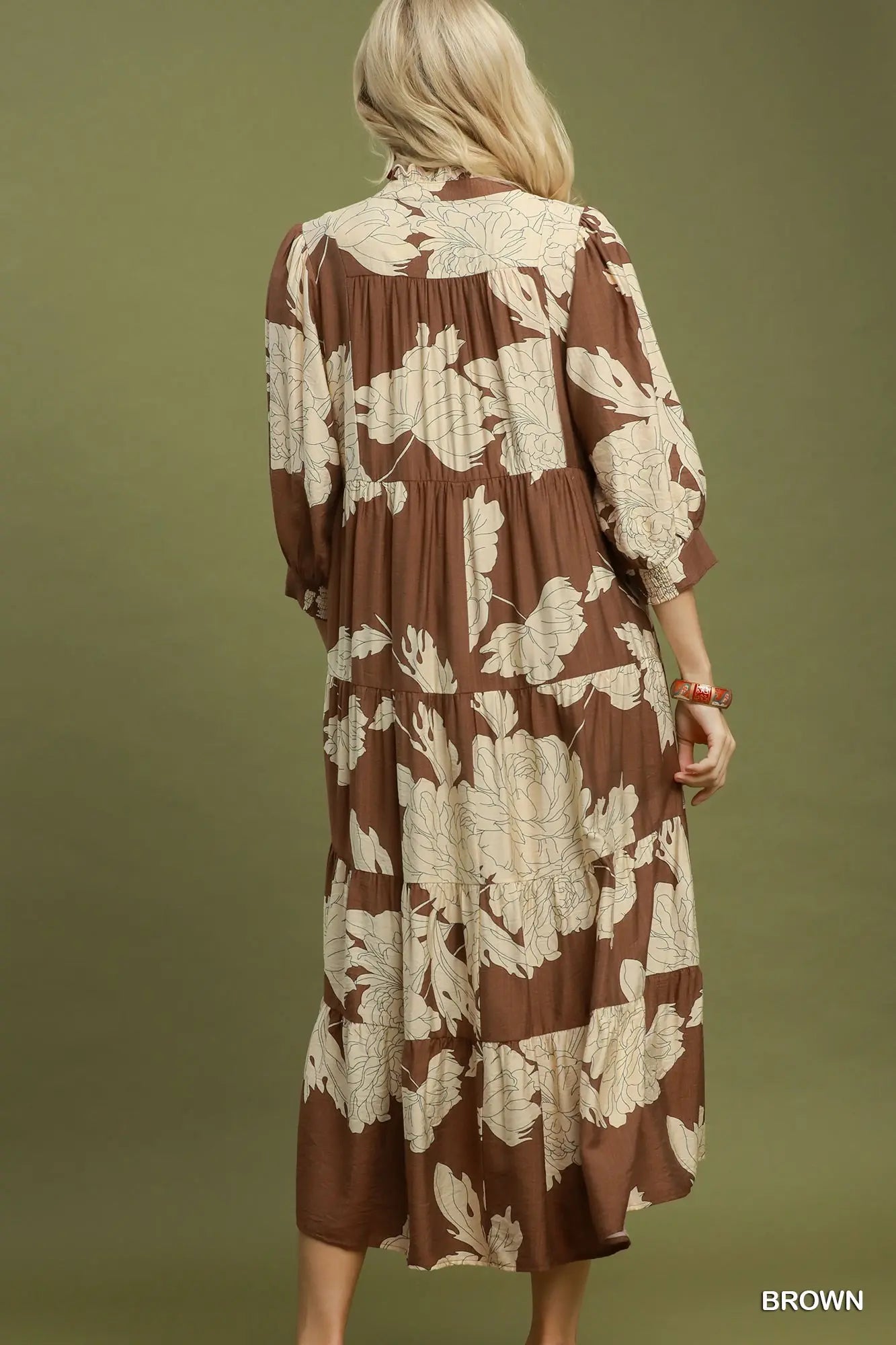 Umgee Brown Floral Tiered Maxi Dress with Ruffle Collar