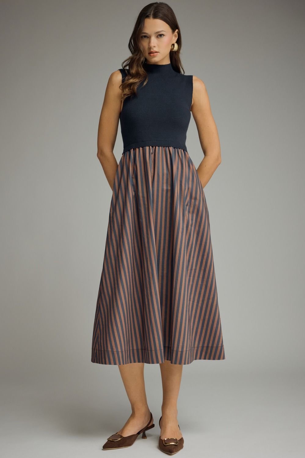 Entro Navy & Brown Striped Mock Neck Midi Dress