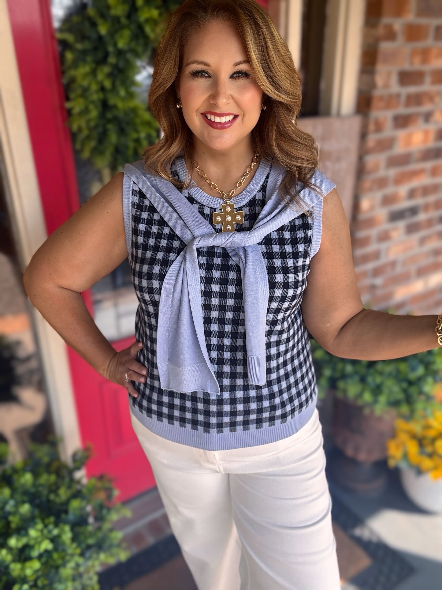Entro Navy Gingham Knit Top