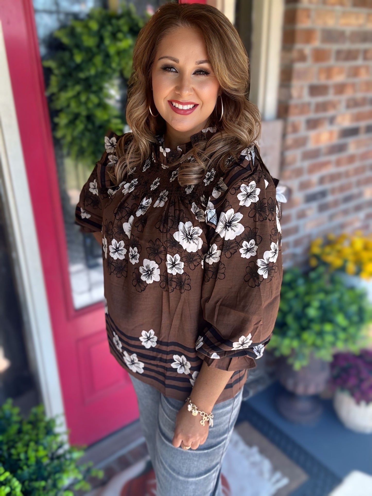 Chocolate Floral Smocked Ruffle Blouse