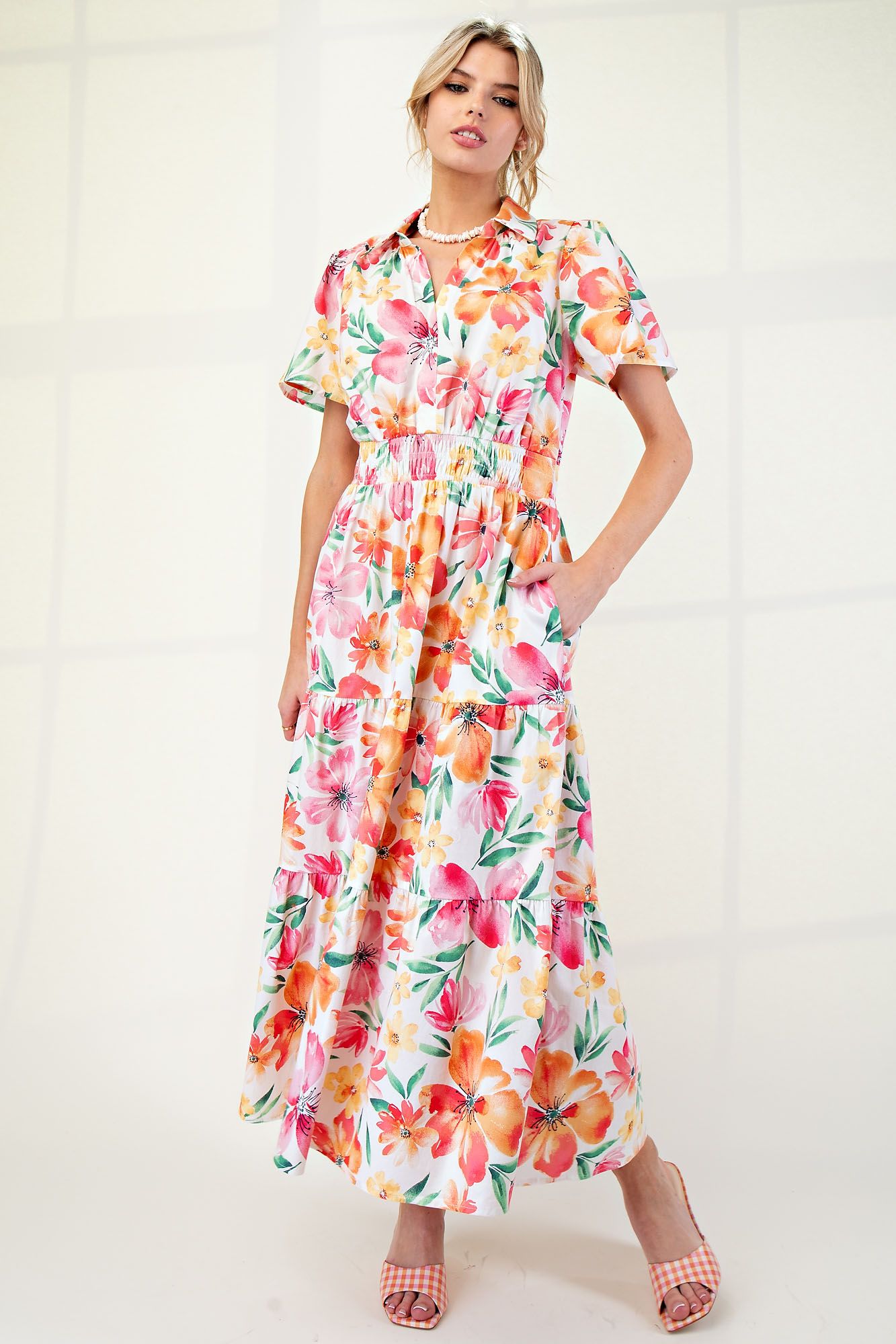 Easel FLORAL PRINTED COTTON POPLIN MAXI DRESS