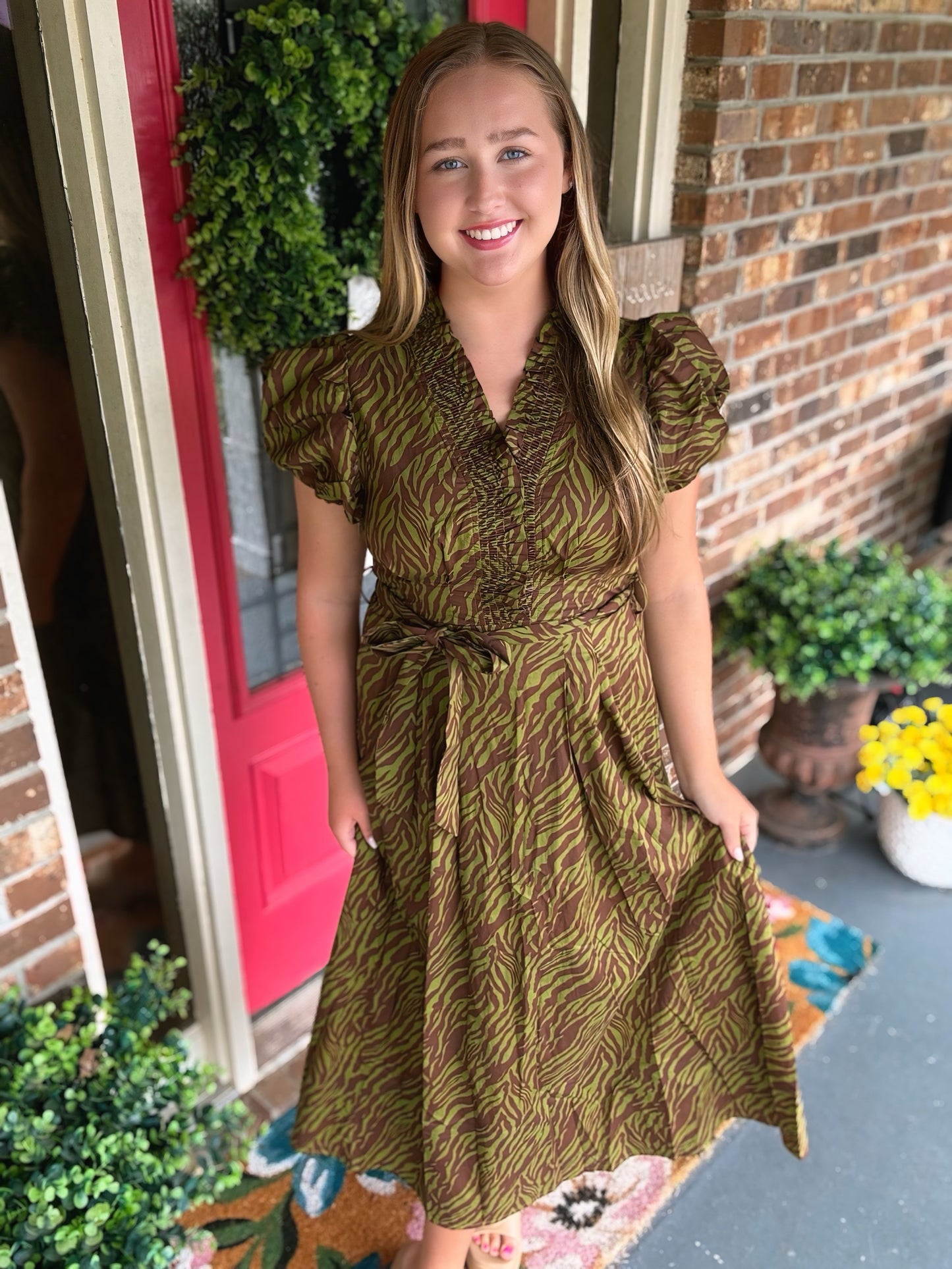 Entro Olive Tiger Print Midi Dress