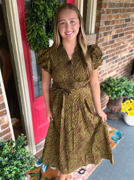 Entro Olive Tiger Print Midi Dress