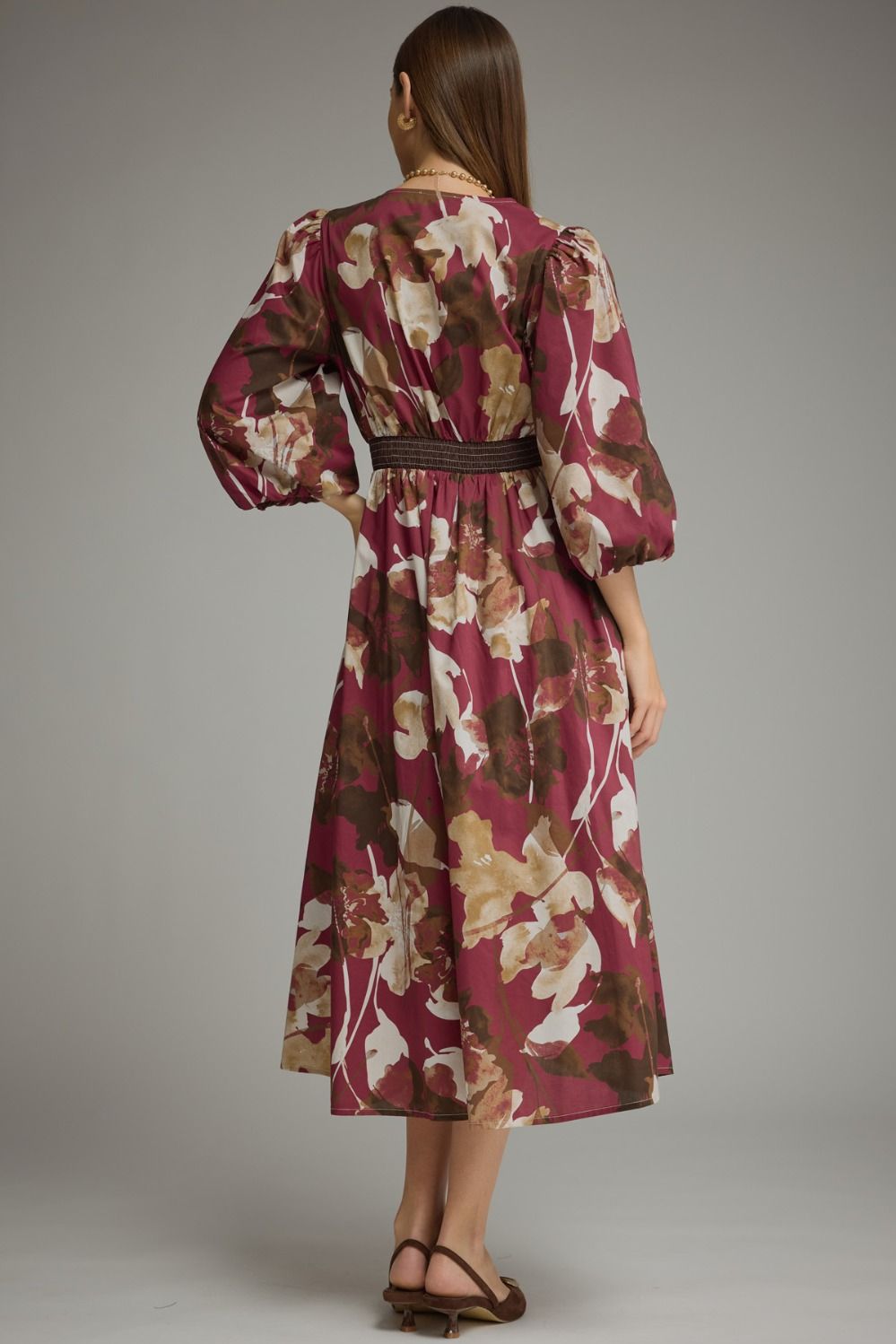 Entro Burgundy Floral Zip-Front Midi Dress