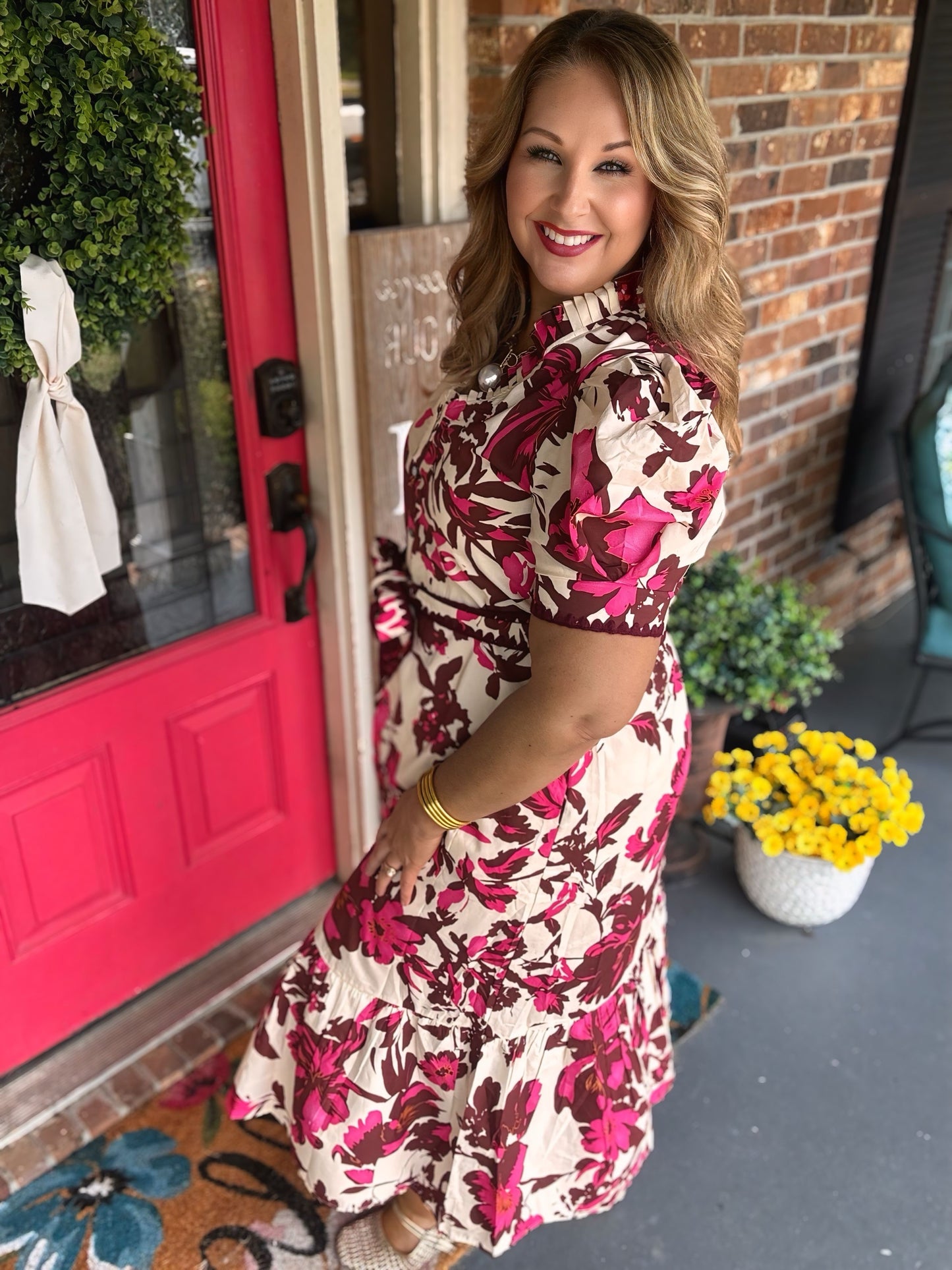 Entro Pink Floral Button-Front Midi Dress