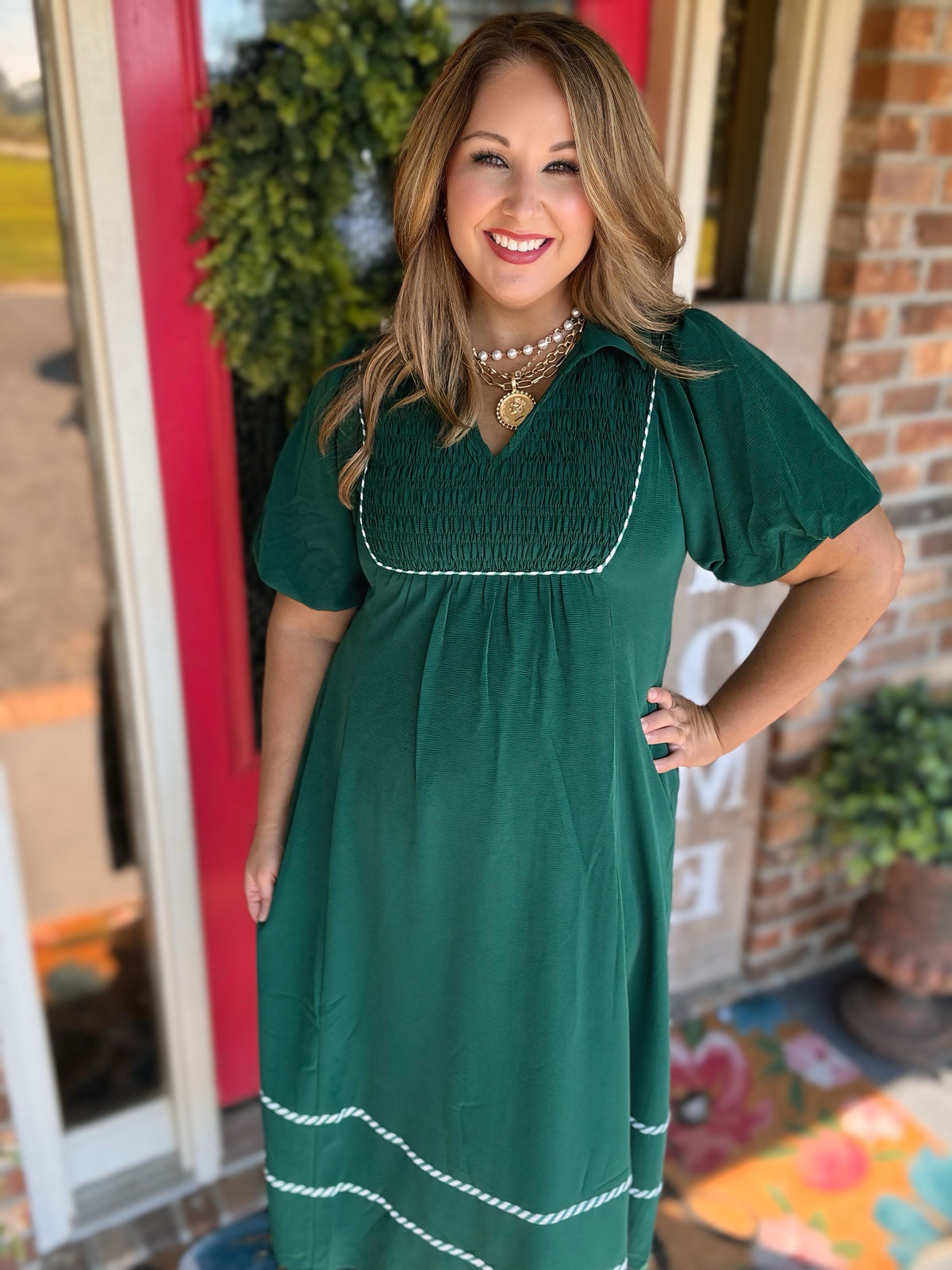 Jodifl Hunter Green Smocked Puff Sleeve Midi Dress