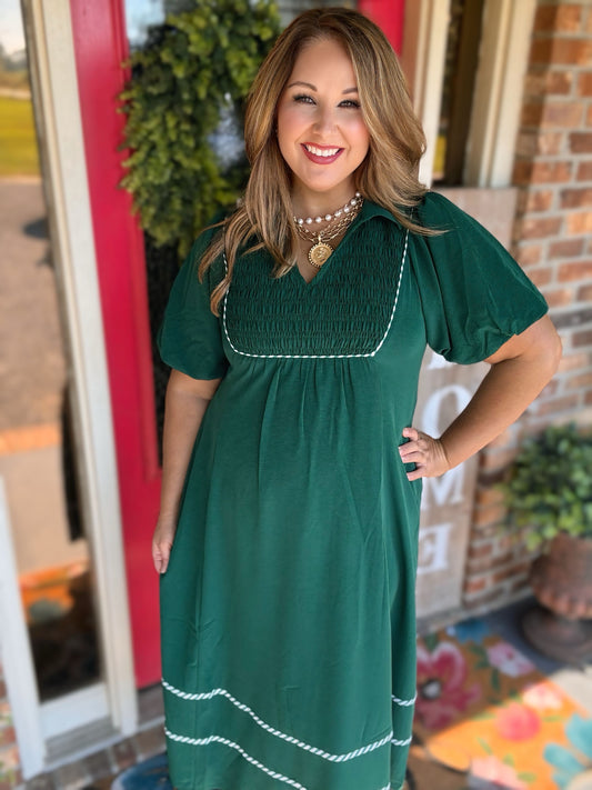 Jodifl Hunter Green Smocked Puff Sleeve Midi Dress