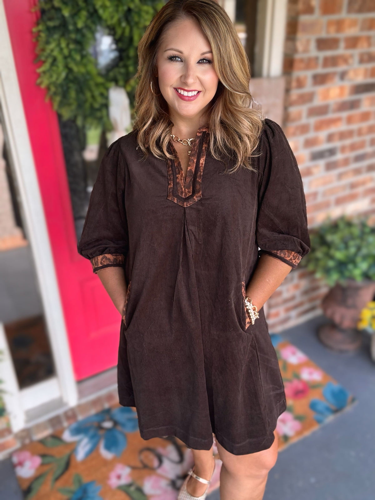 Umgee Brown Cotton Shift Dress with Leopard Contrast Trim & Pockets