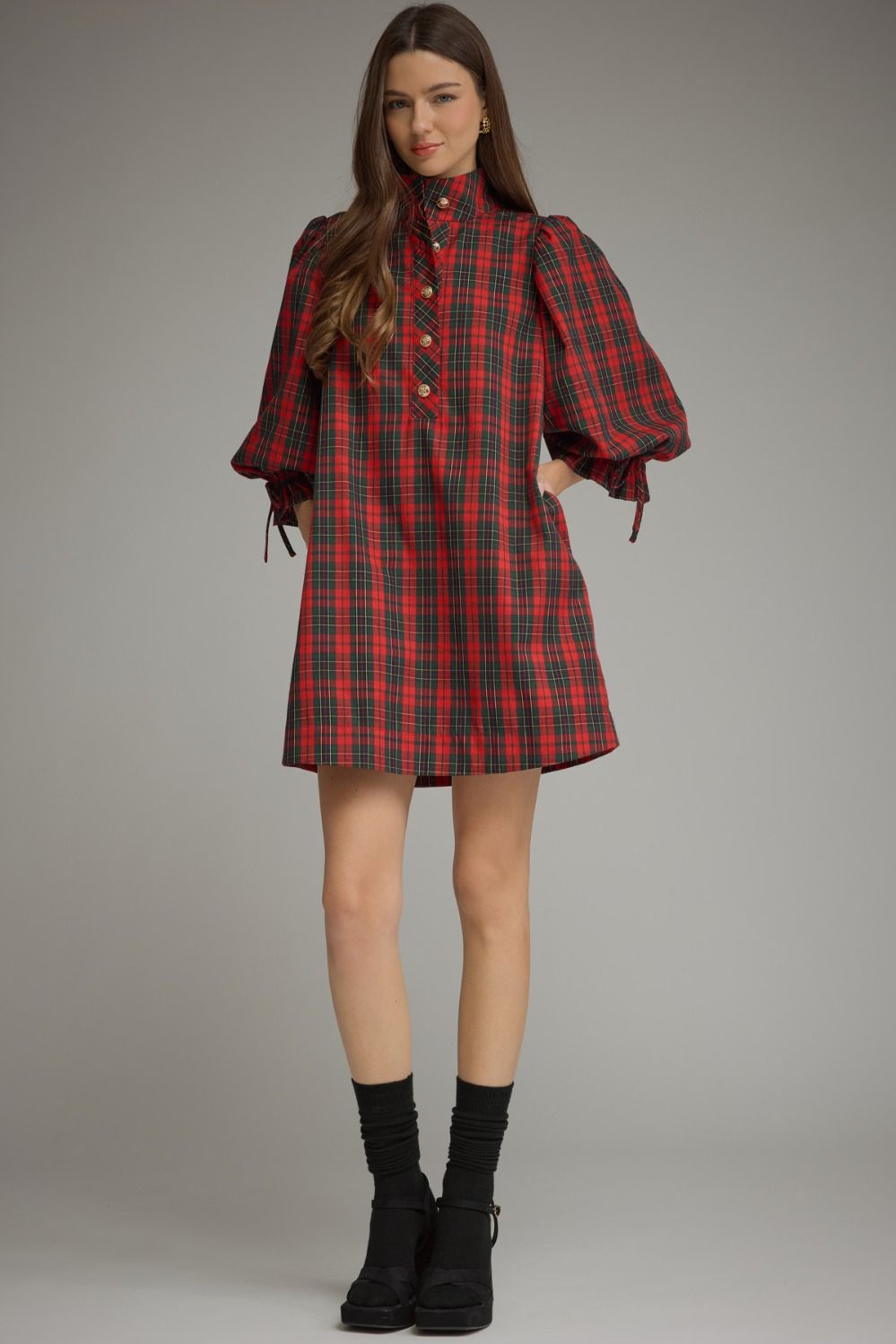 Entro Holiday Plaid Balloon Sleeve Mini Dress – Red