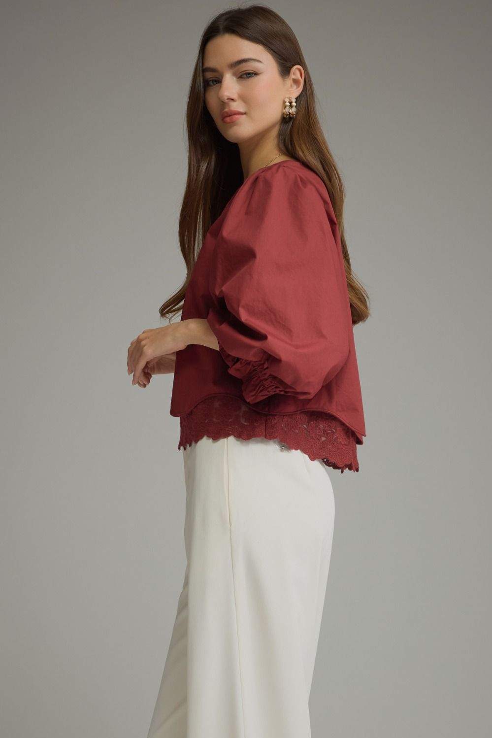 Entro Burgundy Lace Trim Balloon Sleeve Top