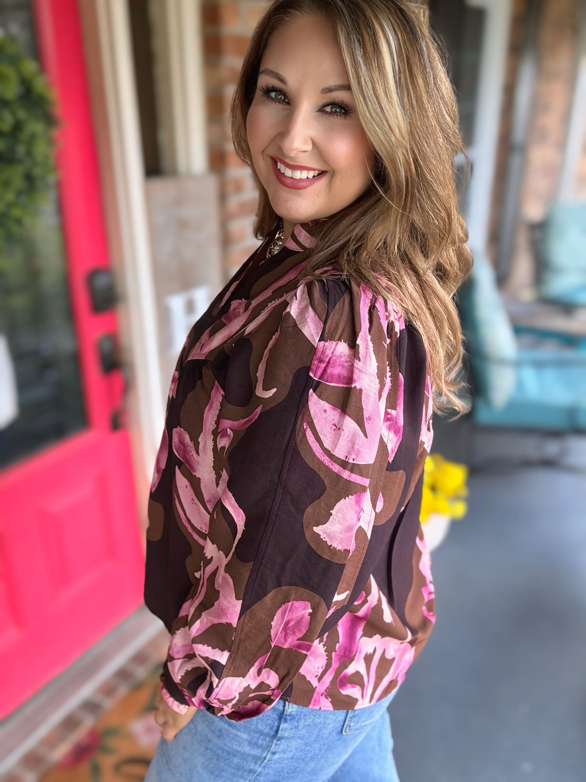 Entro Pink Floral Balloon Sleeve Top – Burgundy/Pink