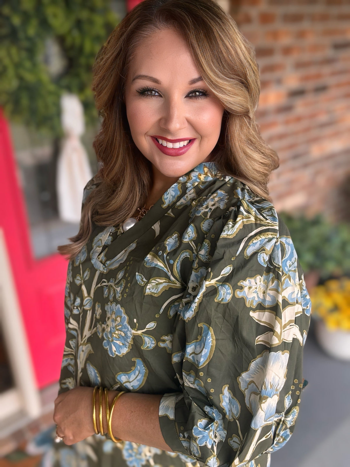 Entro Olive Floral Puff Sleeve Mini Dress