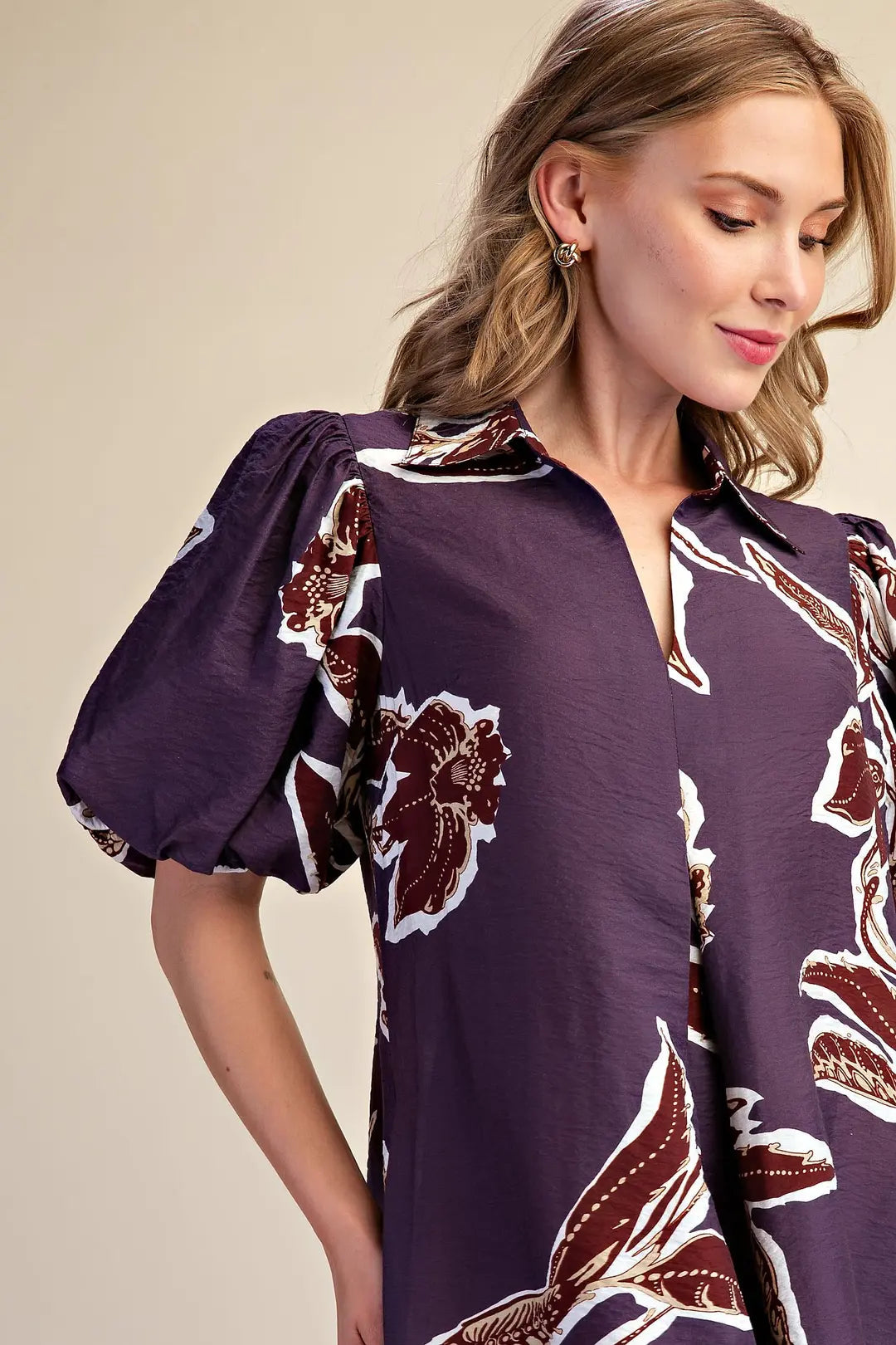 Plum Autumn Print Puff Sleeve Midi Dress