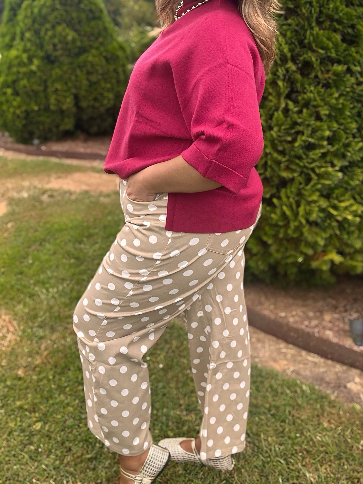 Taupe & White Polka Dot Straight Leg Pants