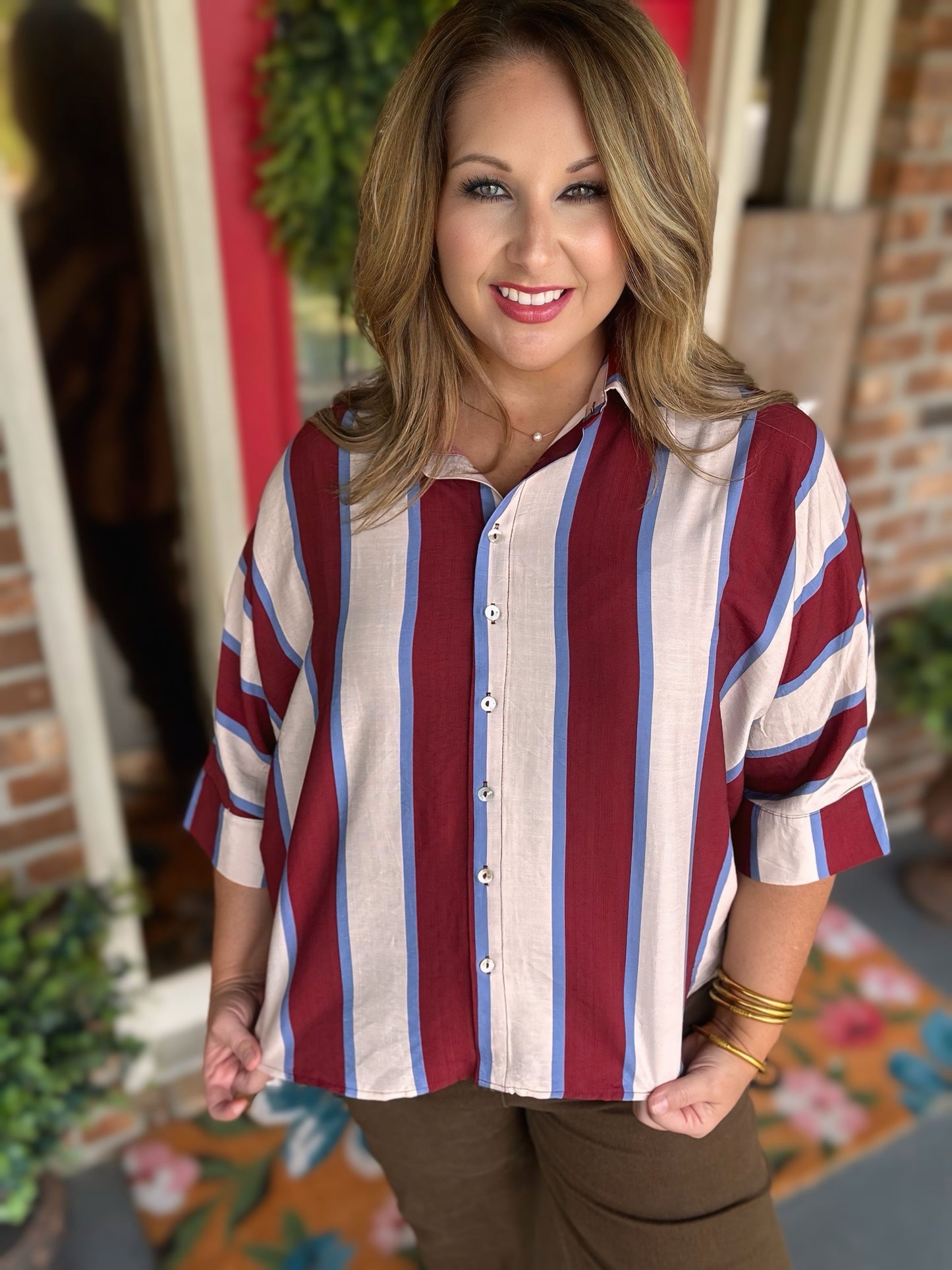 Entro Burgundy & Blue Striped Button-Front Blouse
