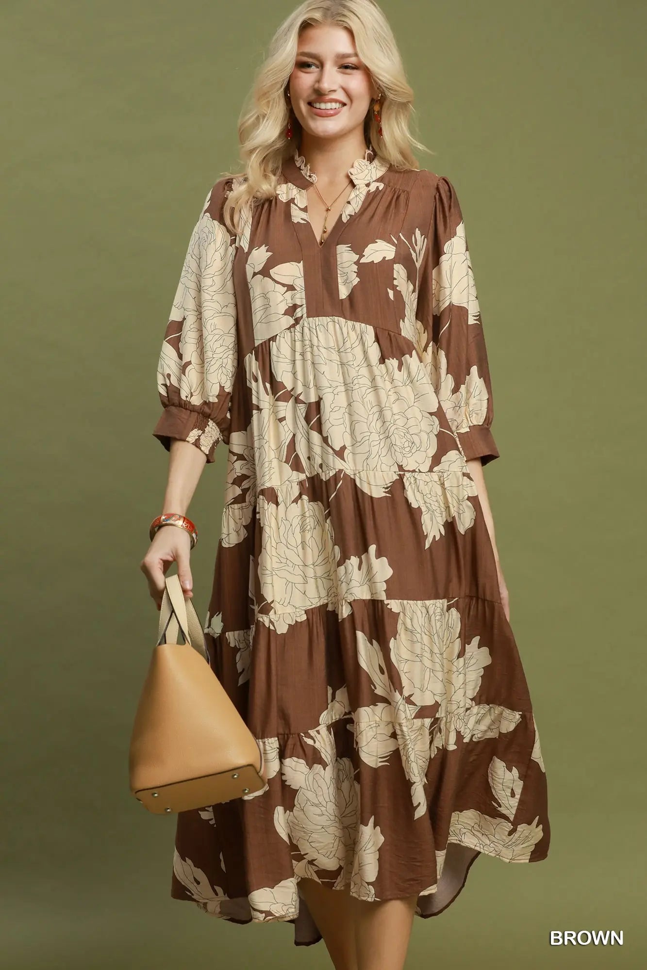 Umgee Brown Floral Tiered Maxi Dress with Ruffle Collar