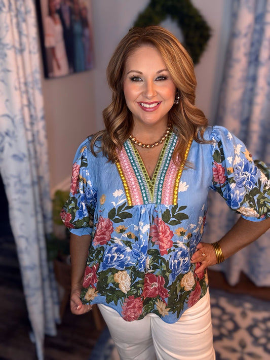Blue Floral Puff Sleeve Top with Multicolor Embroidery She and Sky