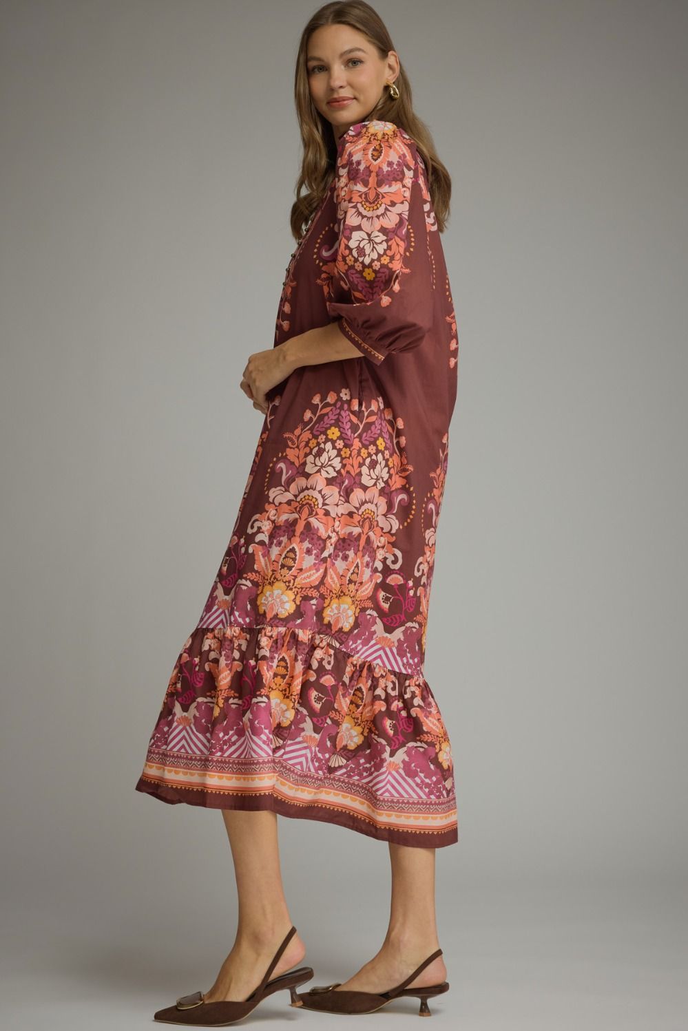 Entro Burgundy Border Floral Print Midi Dress