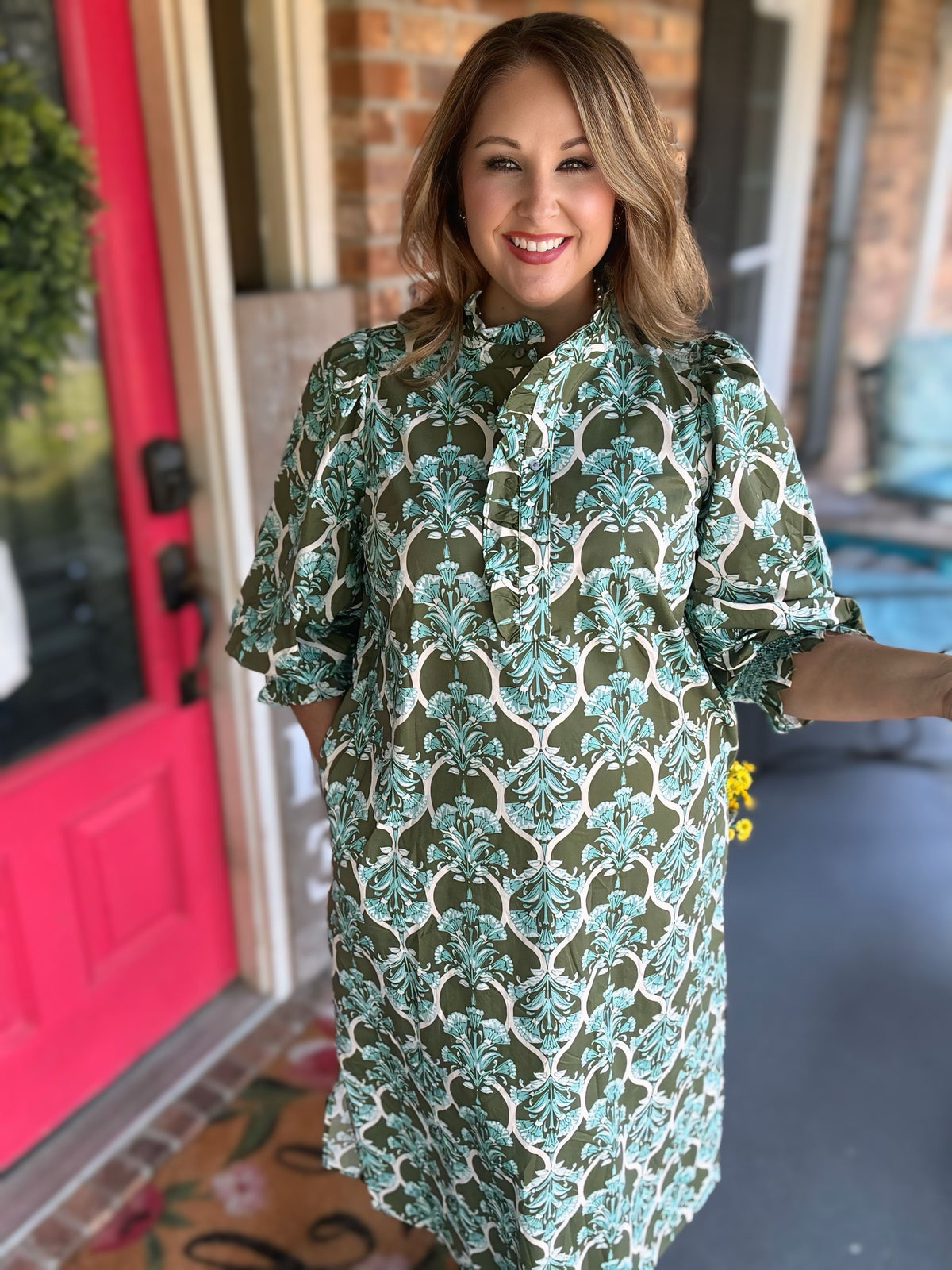 Entro Olive & Aqua Printed Balloon Sleeve Midi Dress