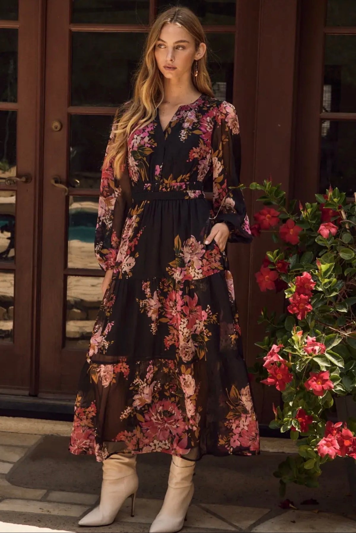 ODDI Black Floral Chiffon Midi Dress
