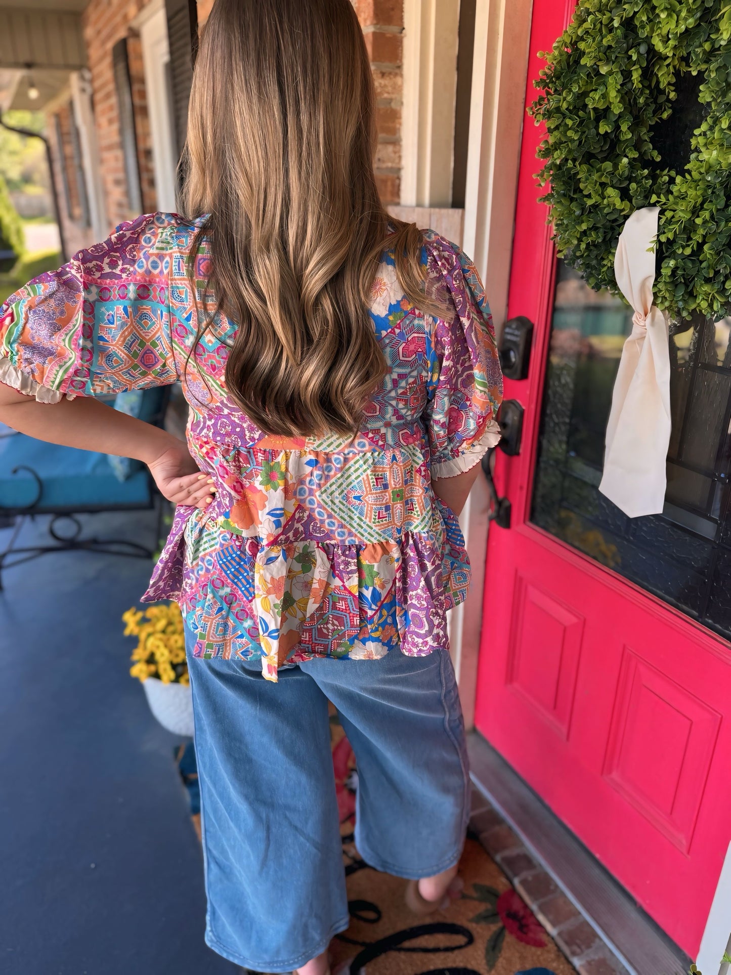 PATCHWORK PRINTED BABYDOLL TOP