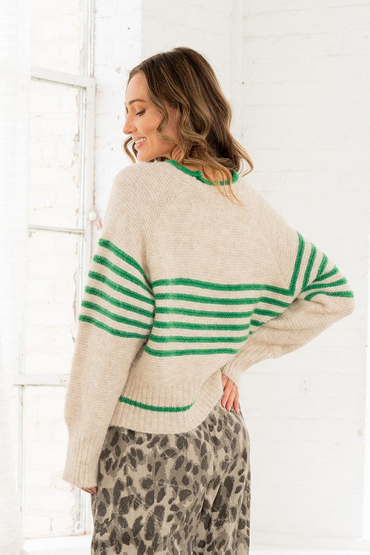 Green/Oatmeal Striped Sweater Top