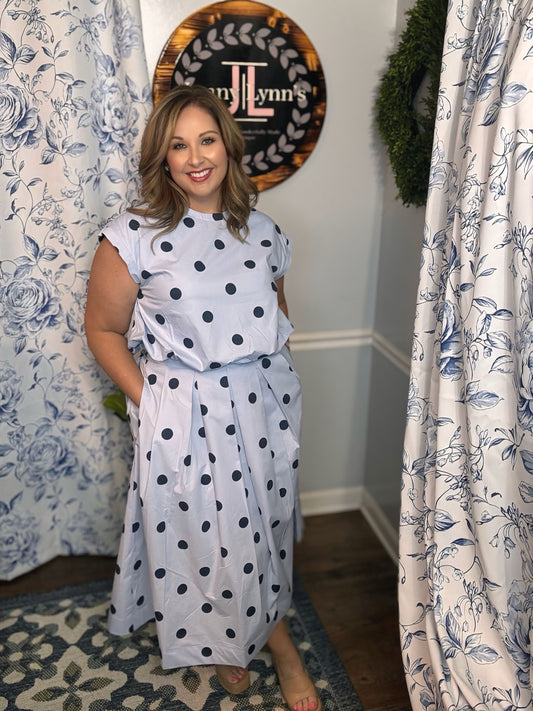 Navy Blue Polka Dot Skirt Set