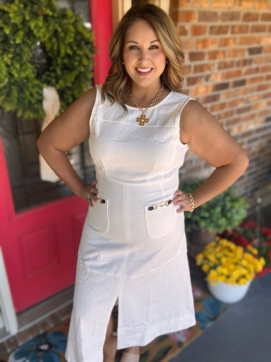 Entro Off White Denim Sleeveless Midi Dress