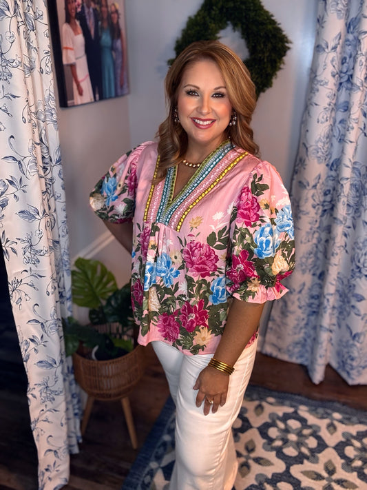 Pink Floral Puff Sleeve Top with Multicolor Embroidery She and Sky