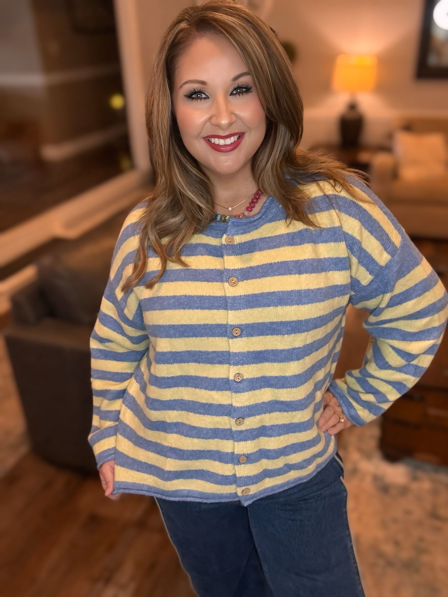 Blue & Butter Striped Oversized Cardigan