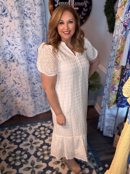 Entro Off White Eyelet Midi Dress