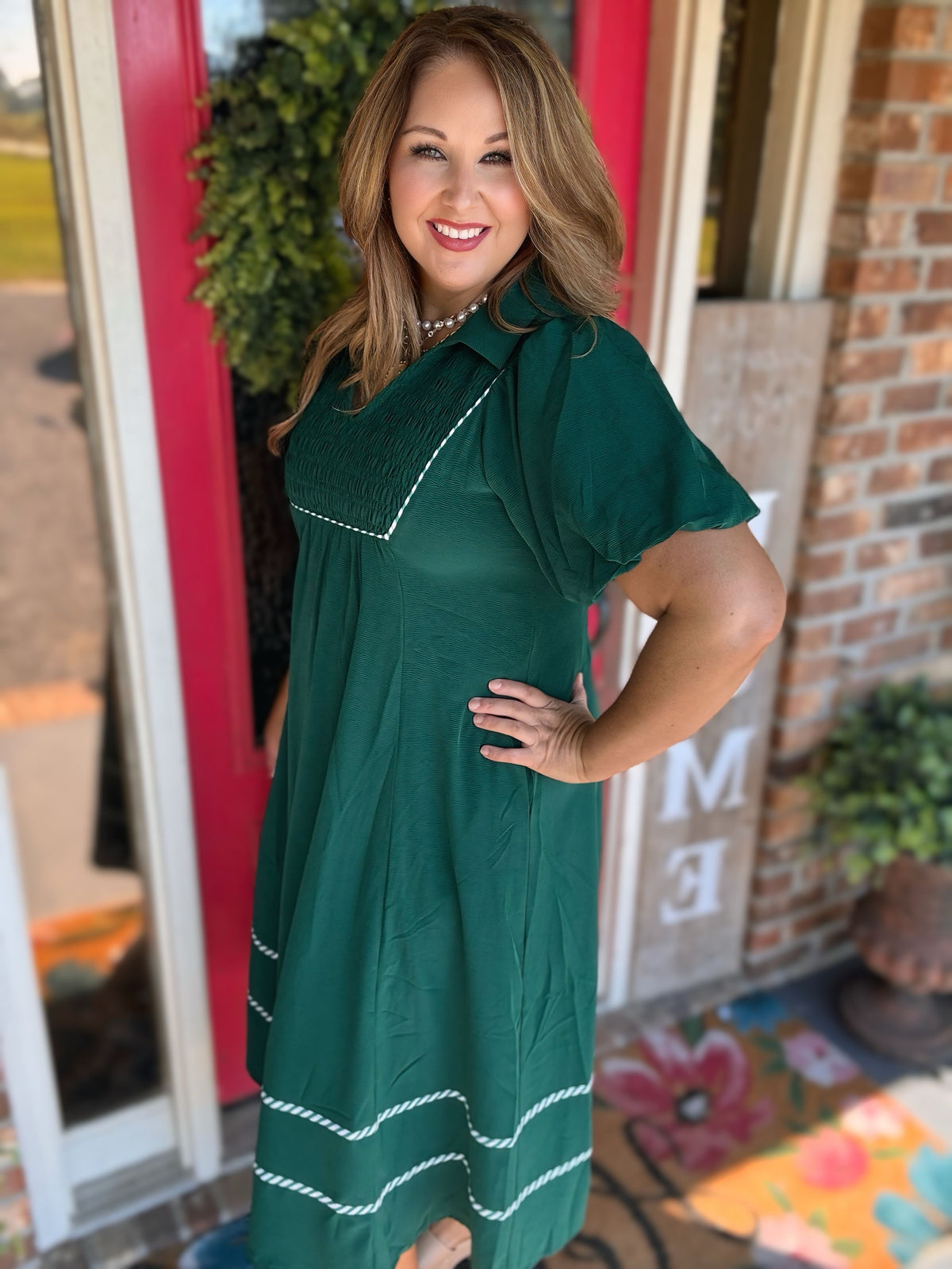 Jodifl Hunter Green Smocked Puff Sleeve Midi Dress