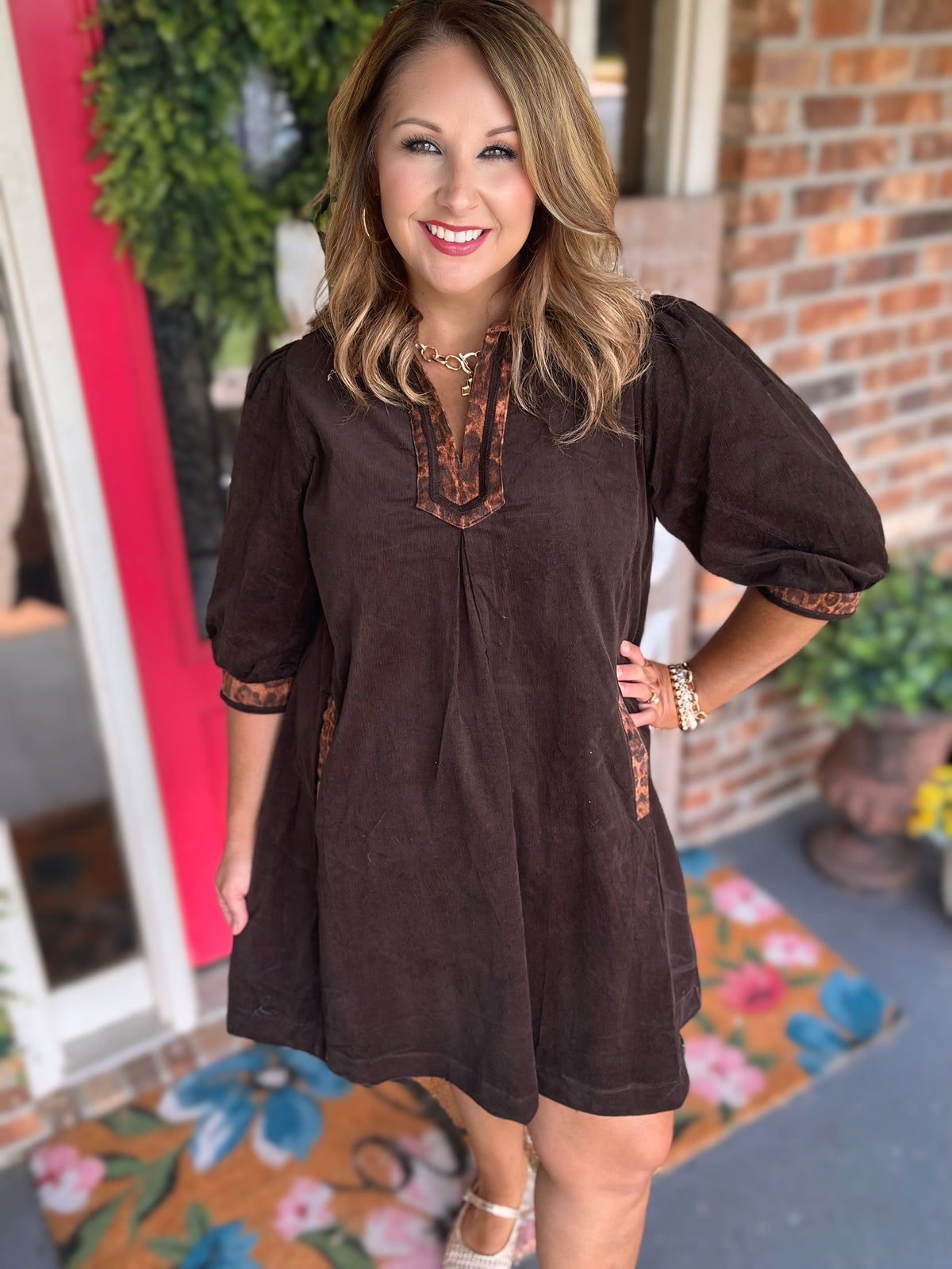 Umgee Brown Cotton Shift Dress with Leopard Contrast Trim & Pockets