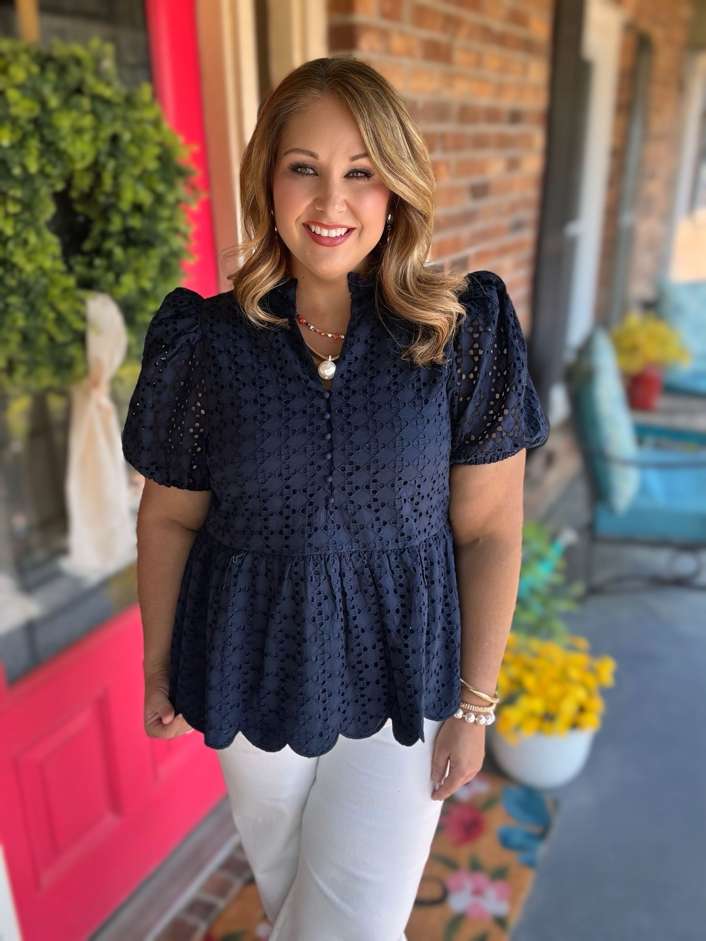 Navy Eyelet Top