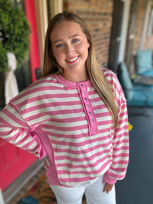 Pink/Cream Oversized Striped Half Button Knit Top