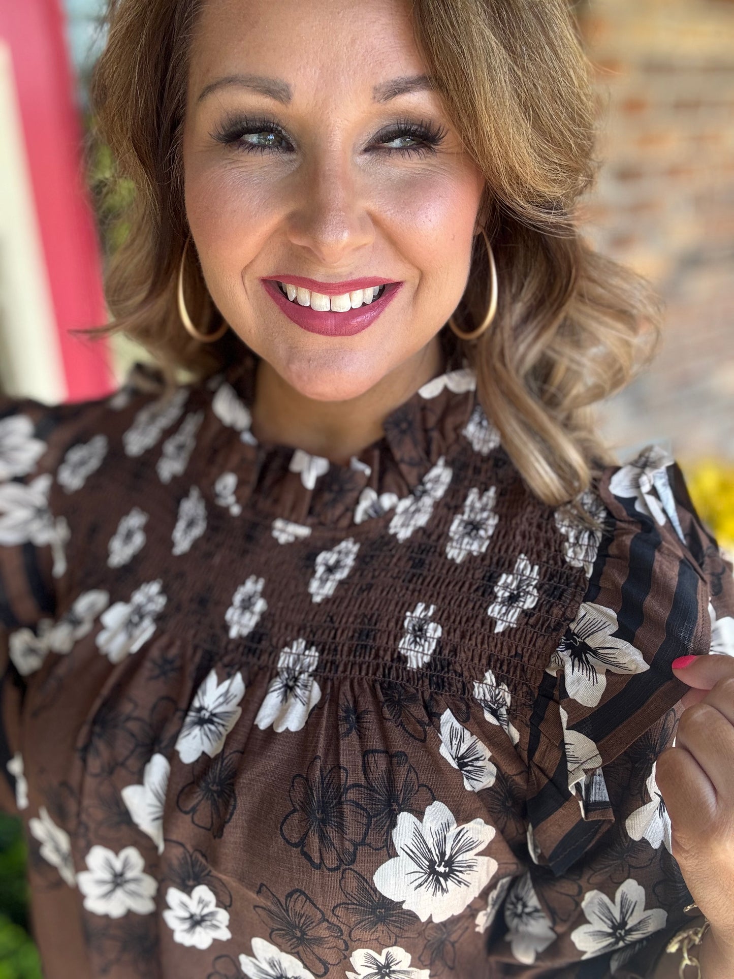 Chocolate Floral Smocked Ruffle Blouse