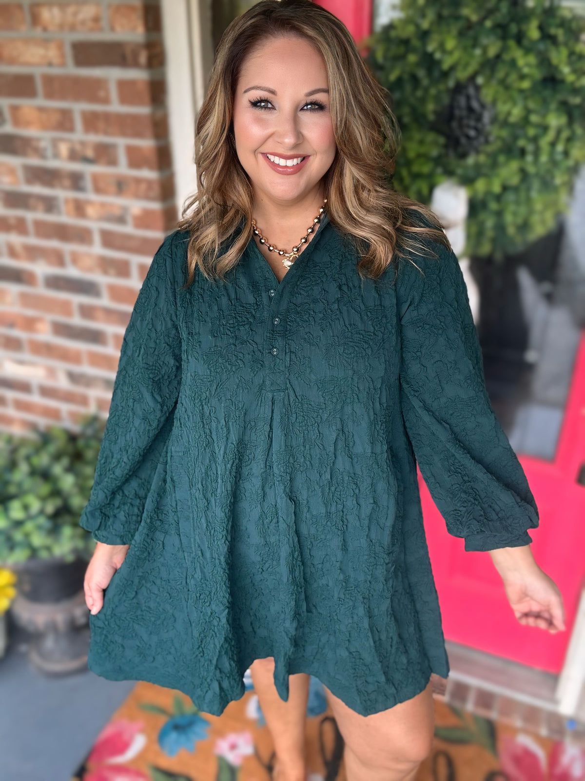 Forest Green Floral Crinkle Jacquard Polo Dress | Umgee