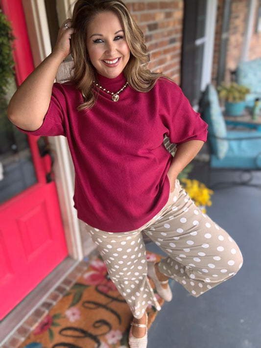 Taupe & White Polka Dot Straight Leg Pants